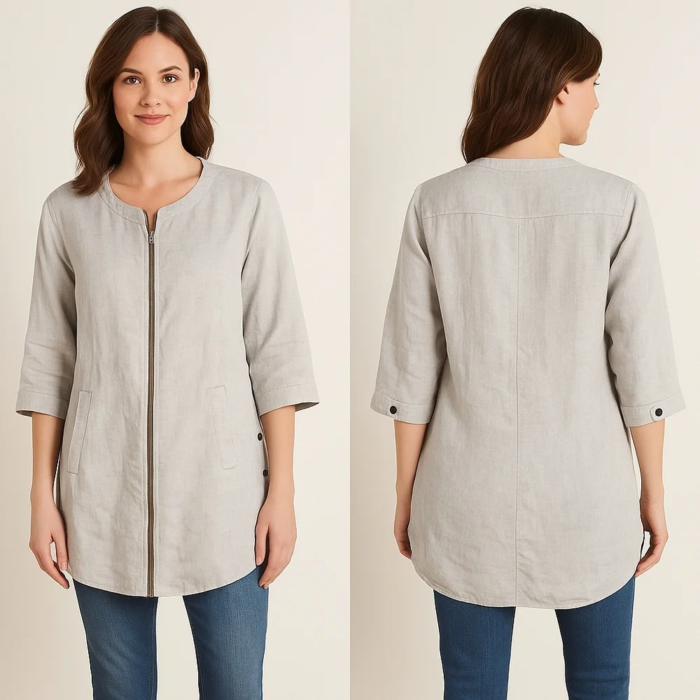 Soft Surroundings 100% Linen Snap Sleeve Zip Front Tunic Jacket Top Women’s M/L